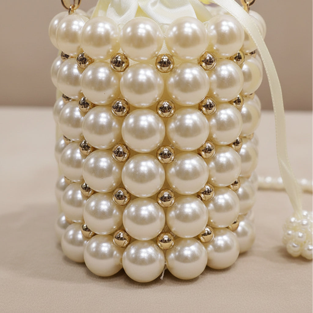 Perle Tissée Beaded Bucket Bag – Handmade Woven Pearl Retro Crossbody | Fericire