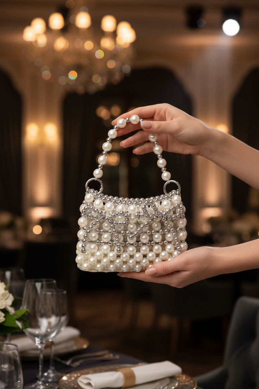 Luxury Pearl Beaded Bow Clutch – Acrylic Evening Bag for Women