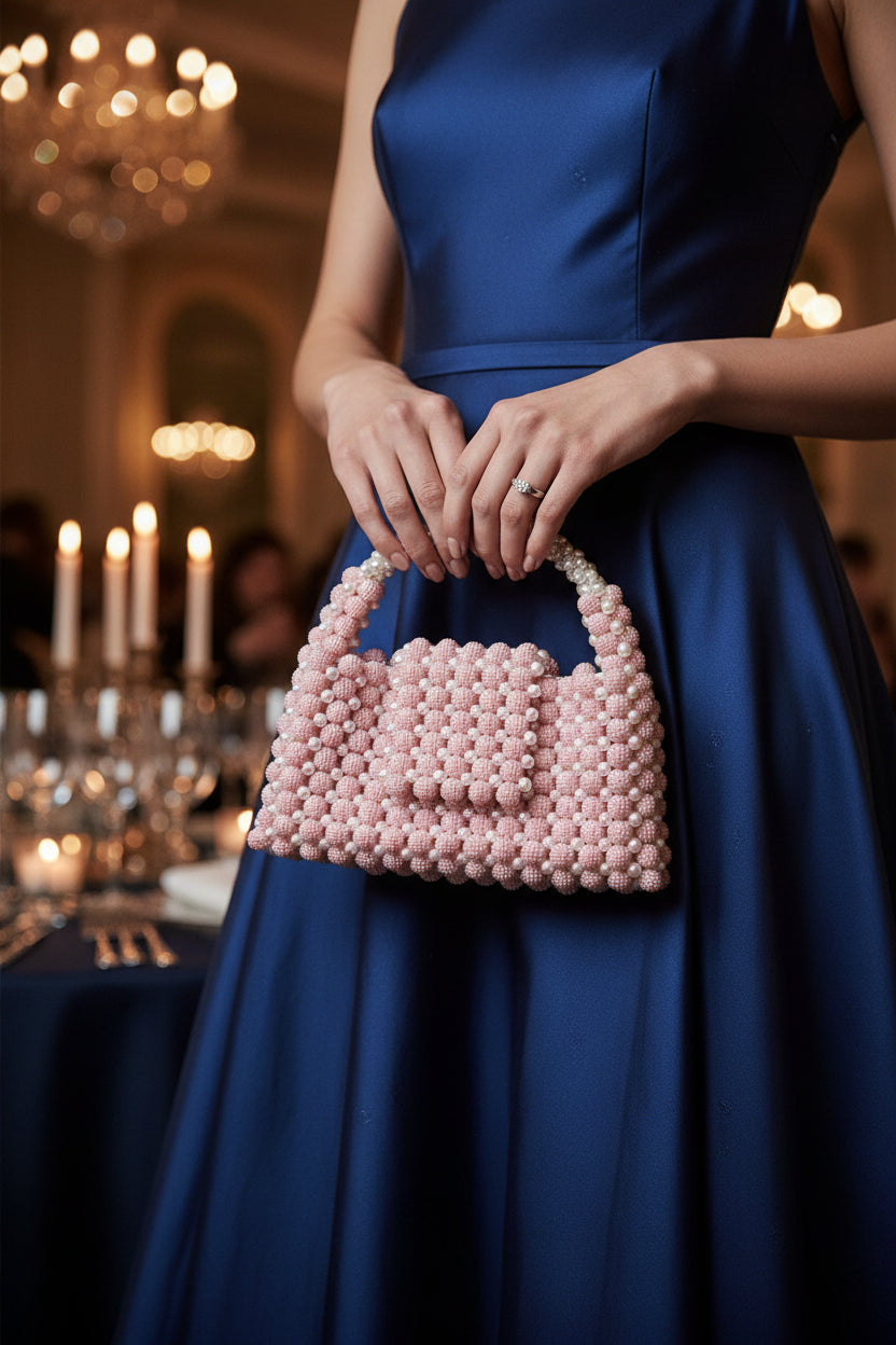 Perle Lumière Evening Clutch – Handmade Pearl Beaded Acrylic Luxury Bag | Fericire