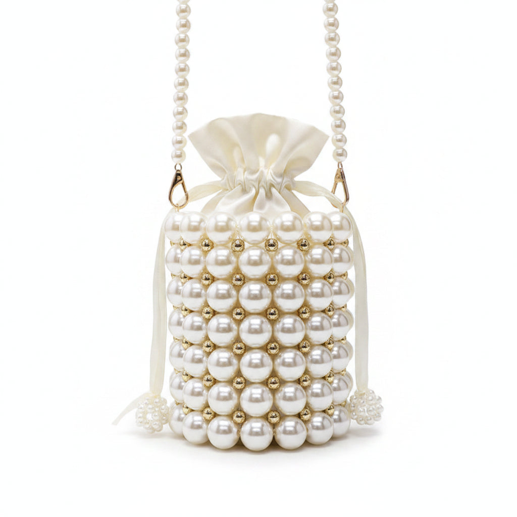 Perle Tissée Beaded Bucket Bag – Handmade Woven Pearl Retro Crossbody | Fericire