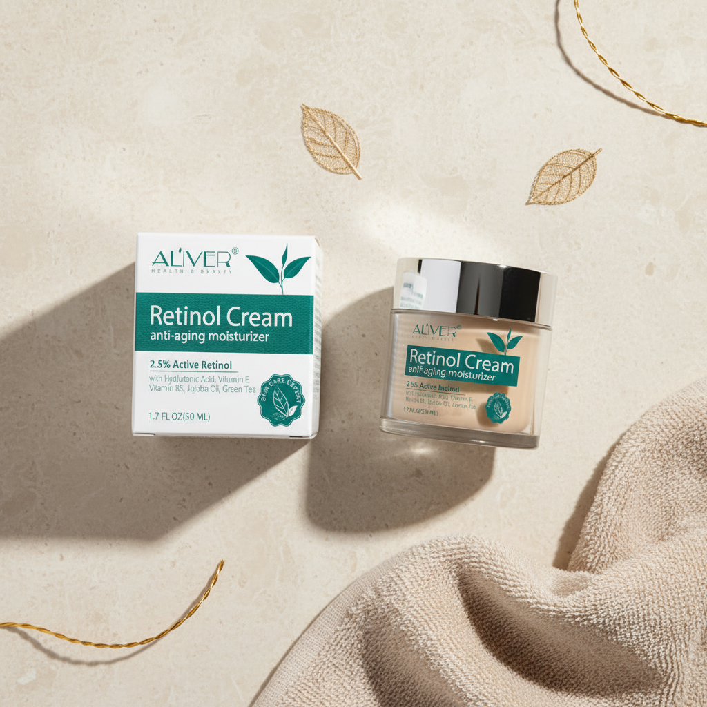 Retinol cream flat lay cream stone beige towels gold accents