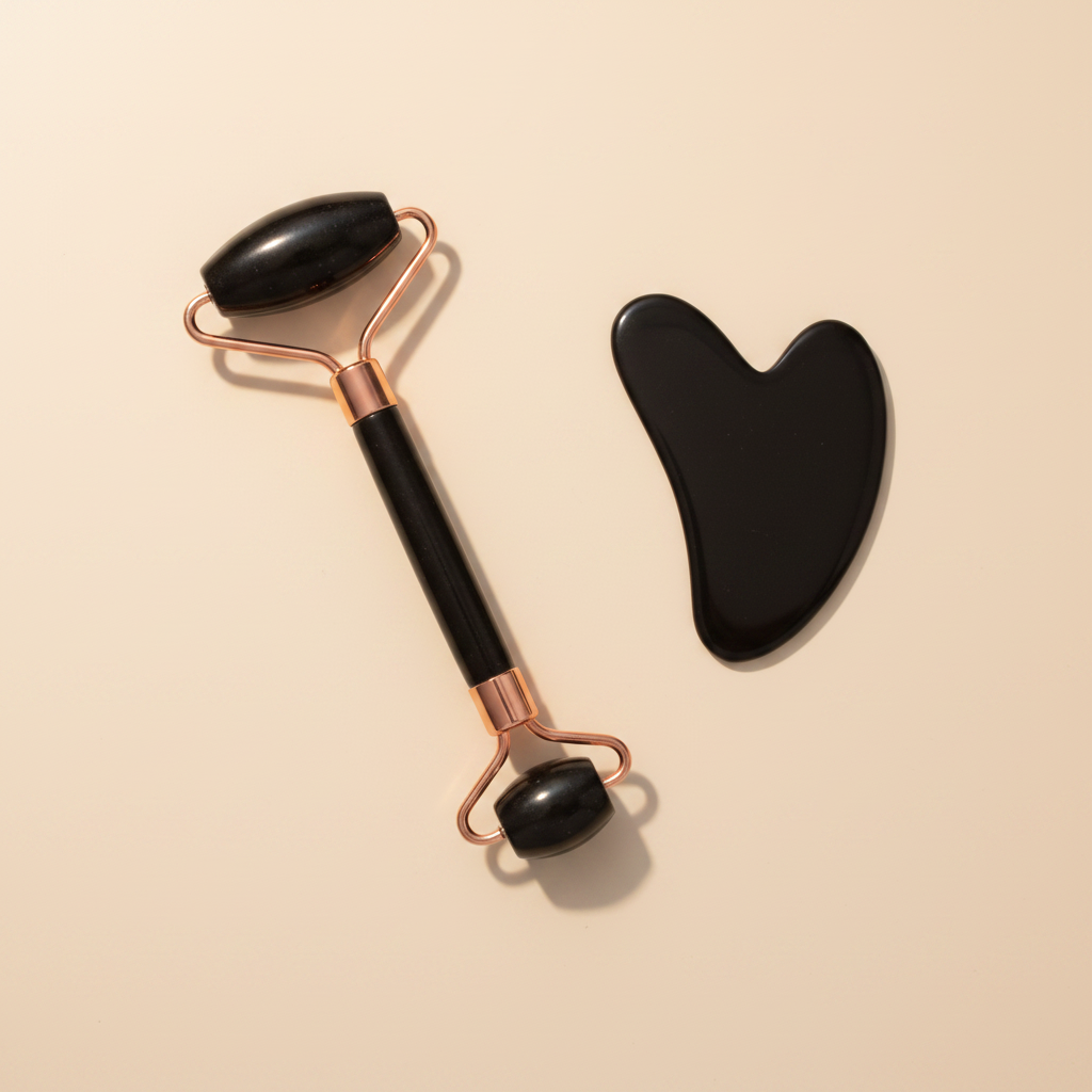 Black obsidian jade roller and gua sha set clean cream background