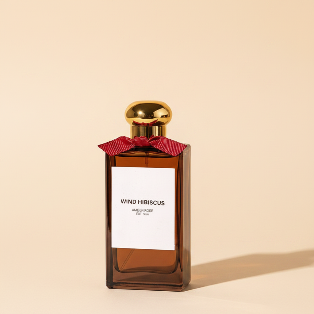 Wind Hibiscus perfume bottle front view clean cream background
