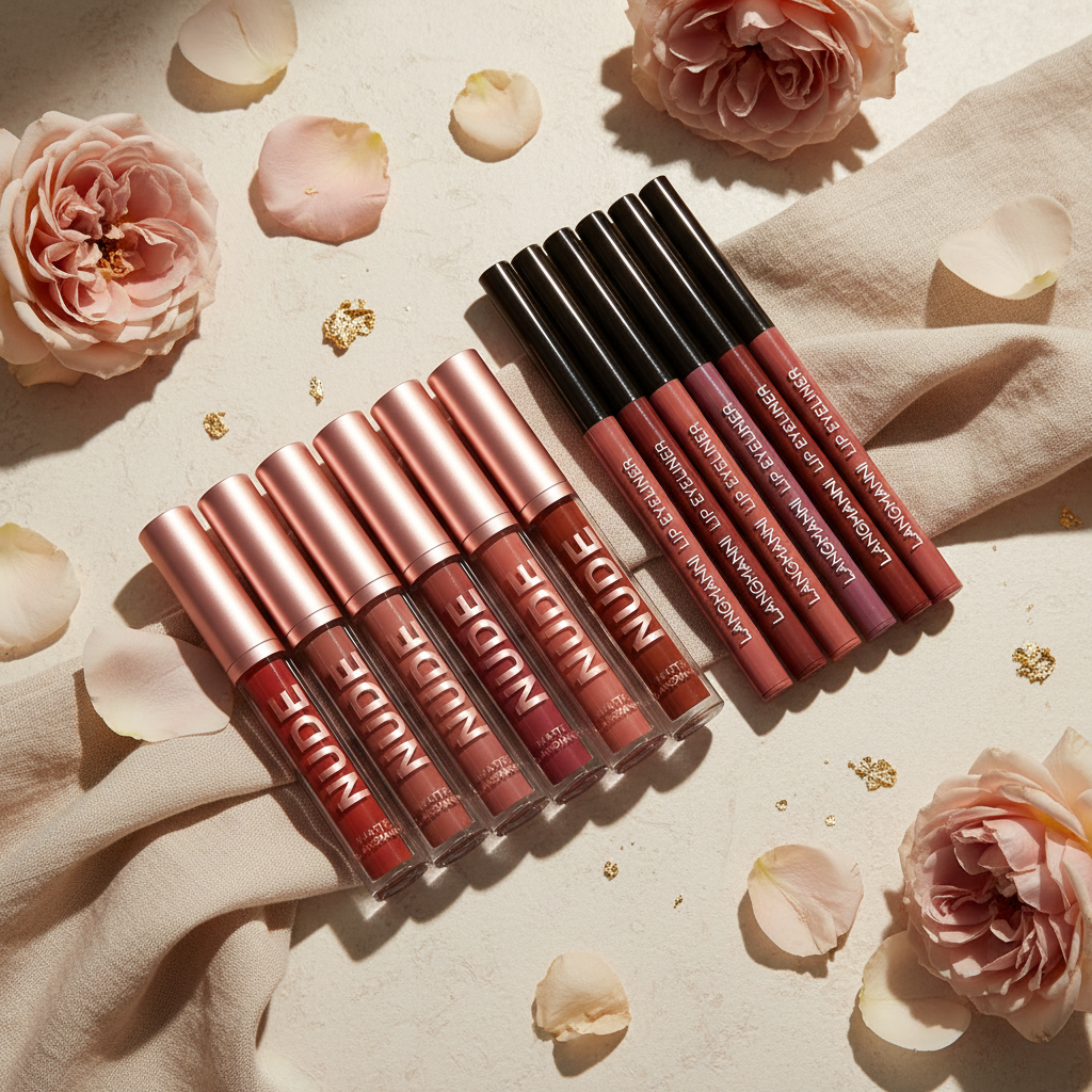 LANGMANNI nude matte lip kit flat lay cream stone rose petals linen gold accents