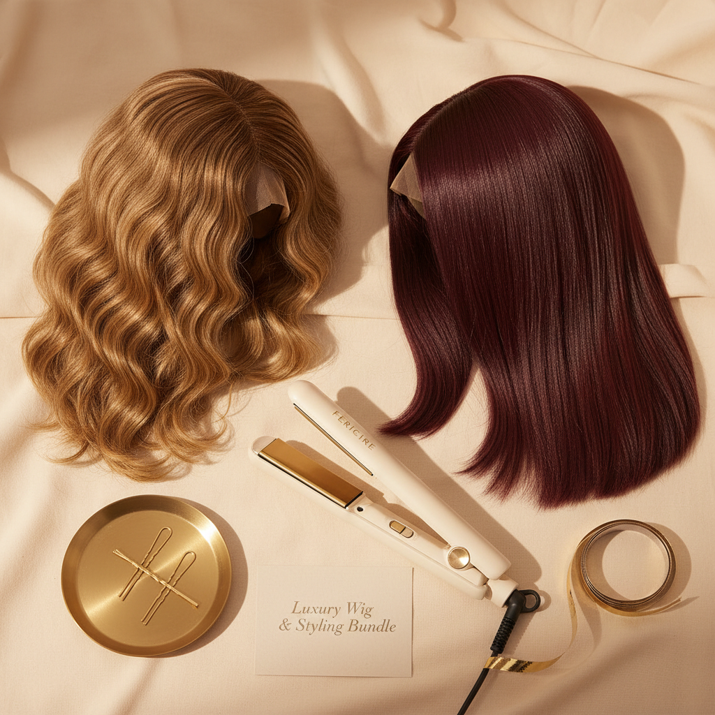 Luxury Wig & Styling Bundle – Golden Blonde + Burgundy Wigs & Mini Straightener by Fericire, flat lay