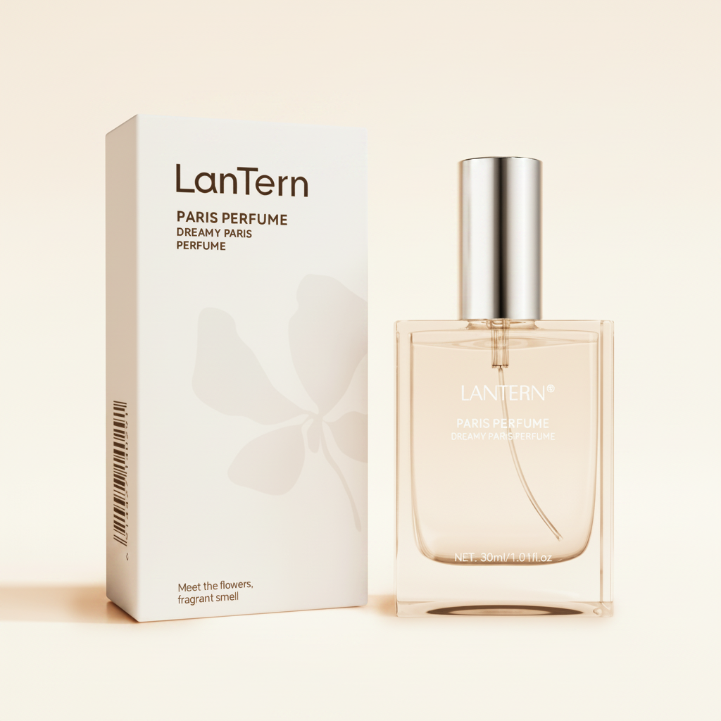 LanTern Paris perfume bottle and box clean cream background