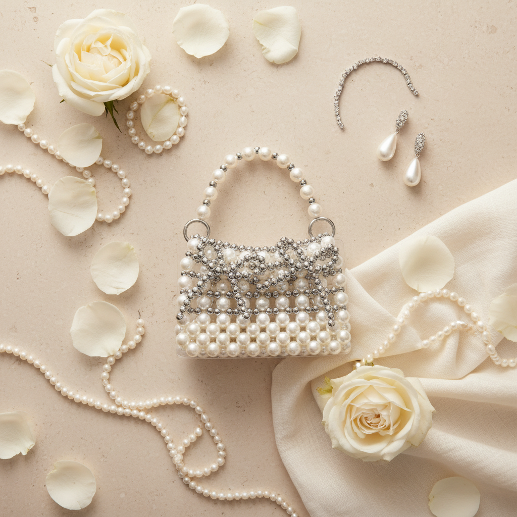 Pearl and silver beaded mini handbag flat lay white roses pearl strands silver ivory linen