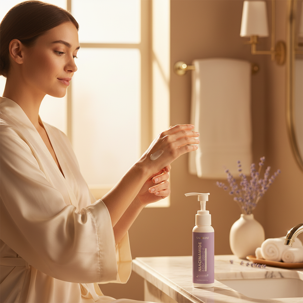Woman applying niacinamide body lotion to glowing arm lifestyle