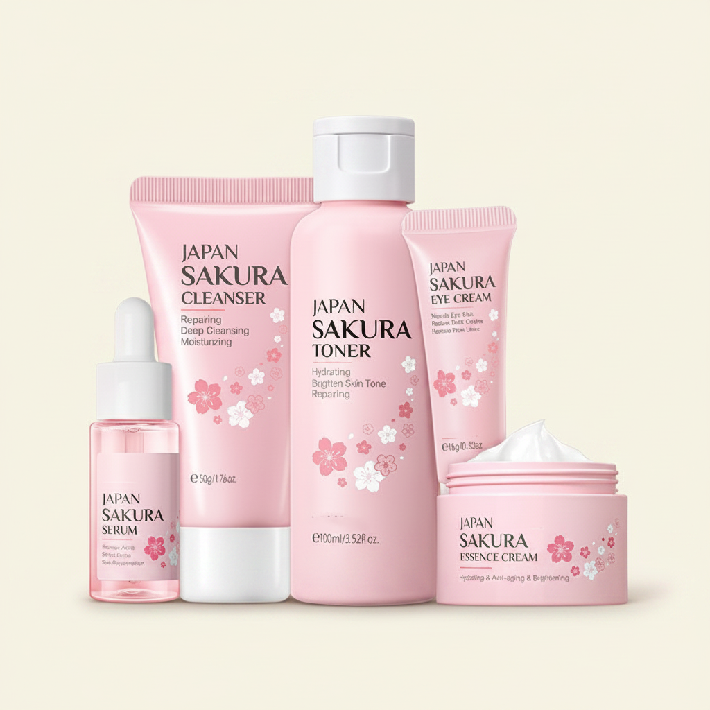Japan Sakura skincare set on cream background - hero shot