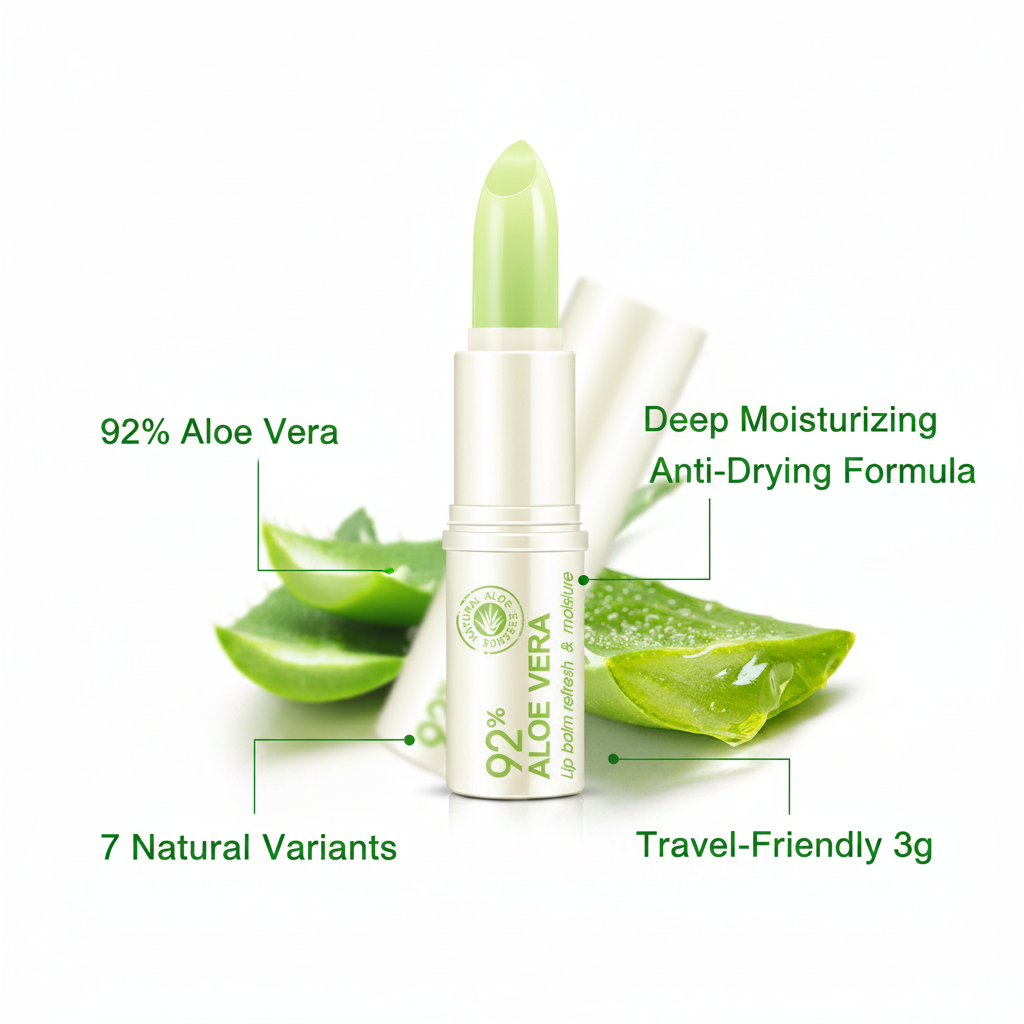 92% Aloe Vera lip balm infographic with key product benefits and variants