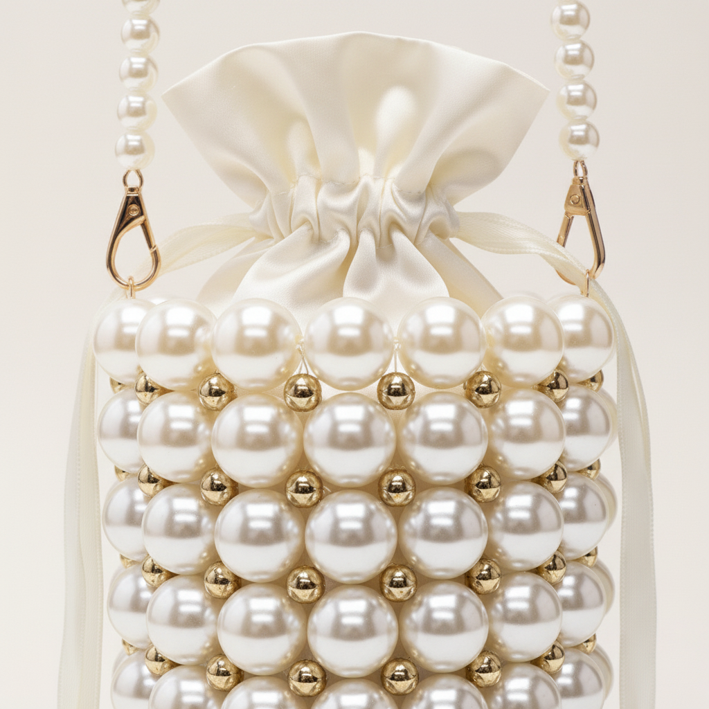 Ivory pearl and gold bucket bag pearl and gold texture close-up detail