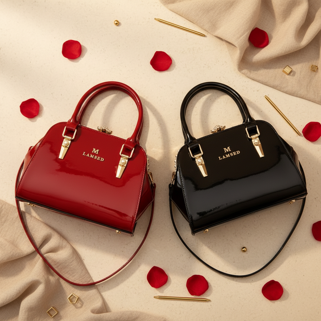 LAMSED patent leather shell handbag flat lay red and black rose petals linen gold