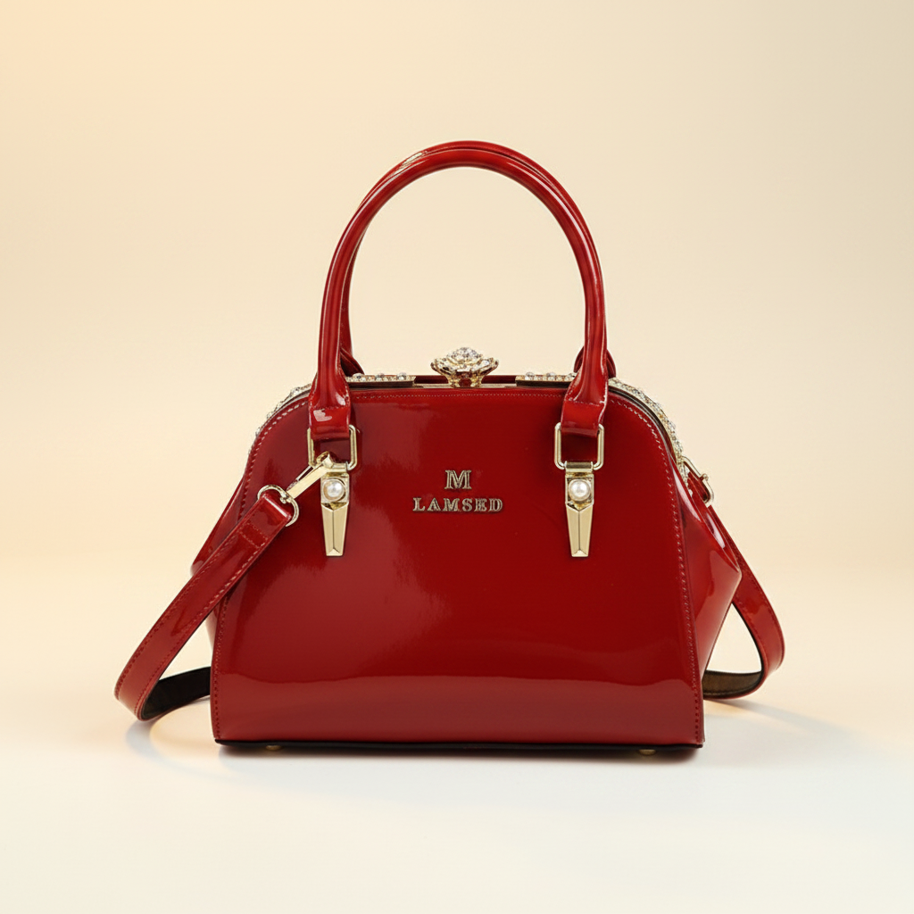 LAMSED glossy red patent leather shell handbag solo cream background