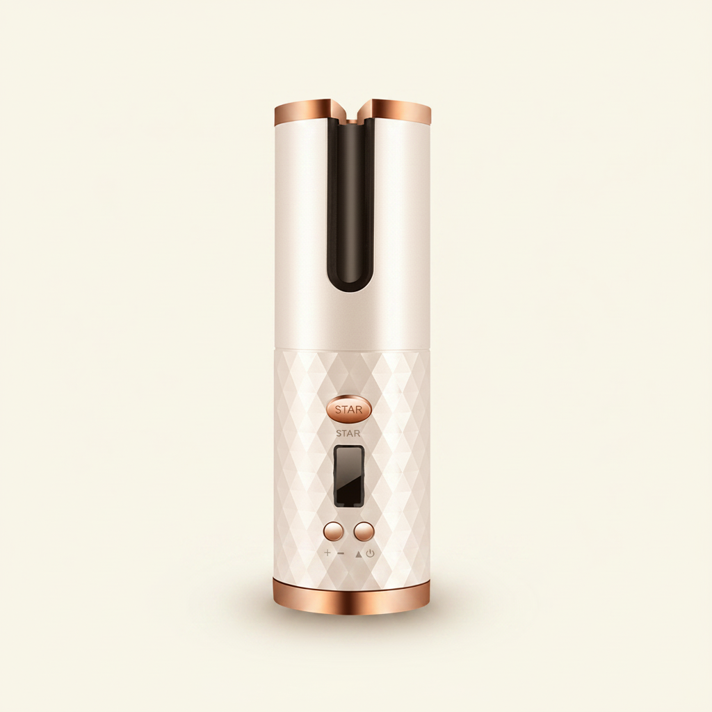 White rose gold diamond cordless auto hair curler front view clean cream background