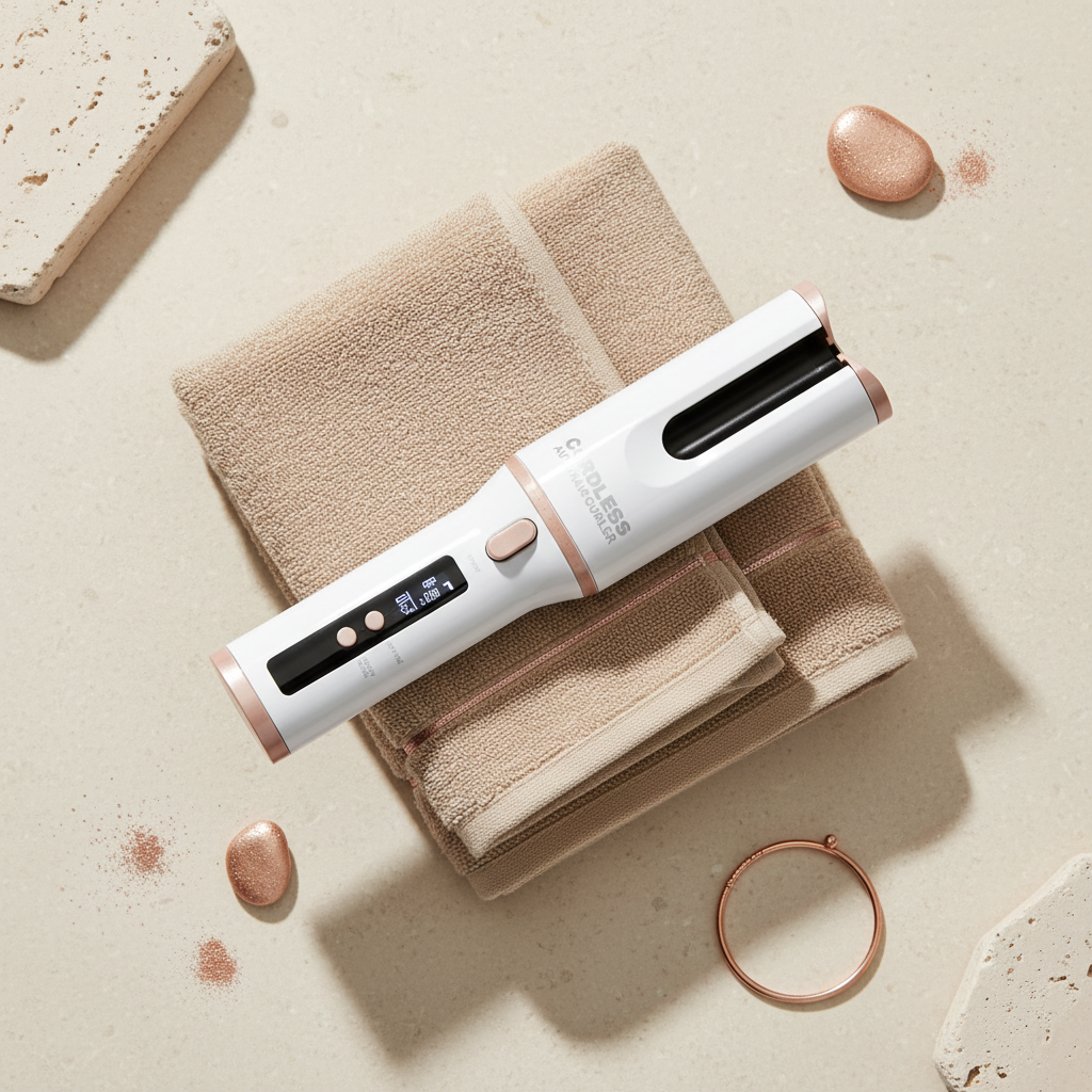 White cordless auto hair curler flat lay cream stone beige towels rose gold accents
