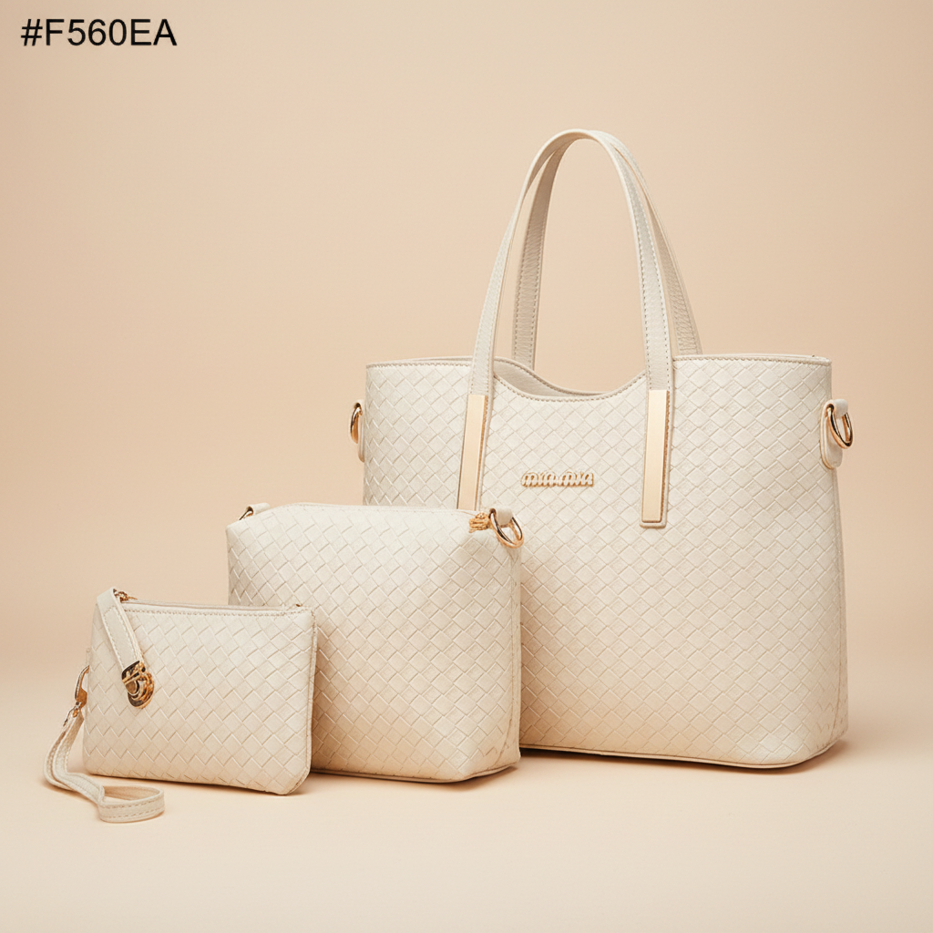 3-piece woven leather handbag set creamy white cream background