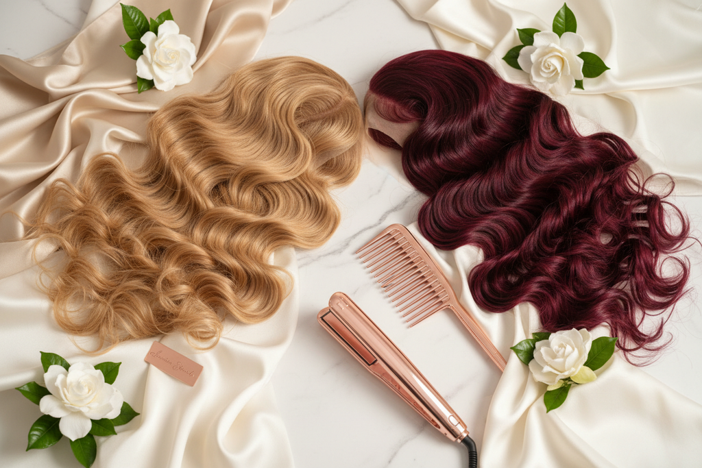 Luxury Wig & Styling Bundle – Golden Blonde and Burgundy Human Hair Wigs with Mini Straightener