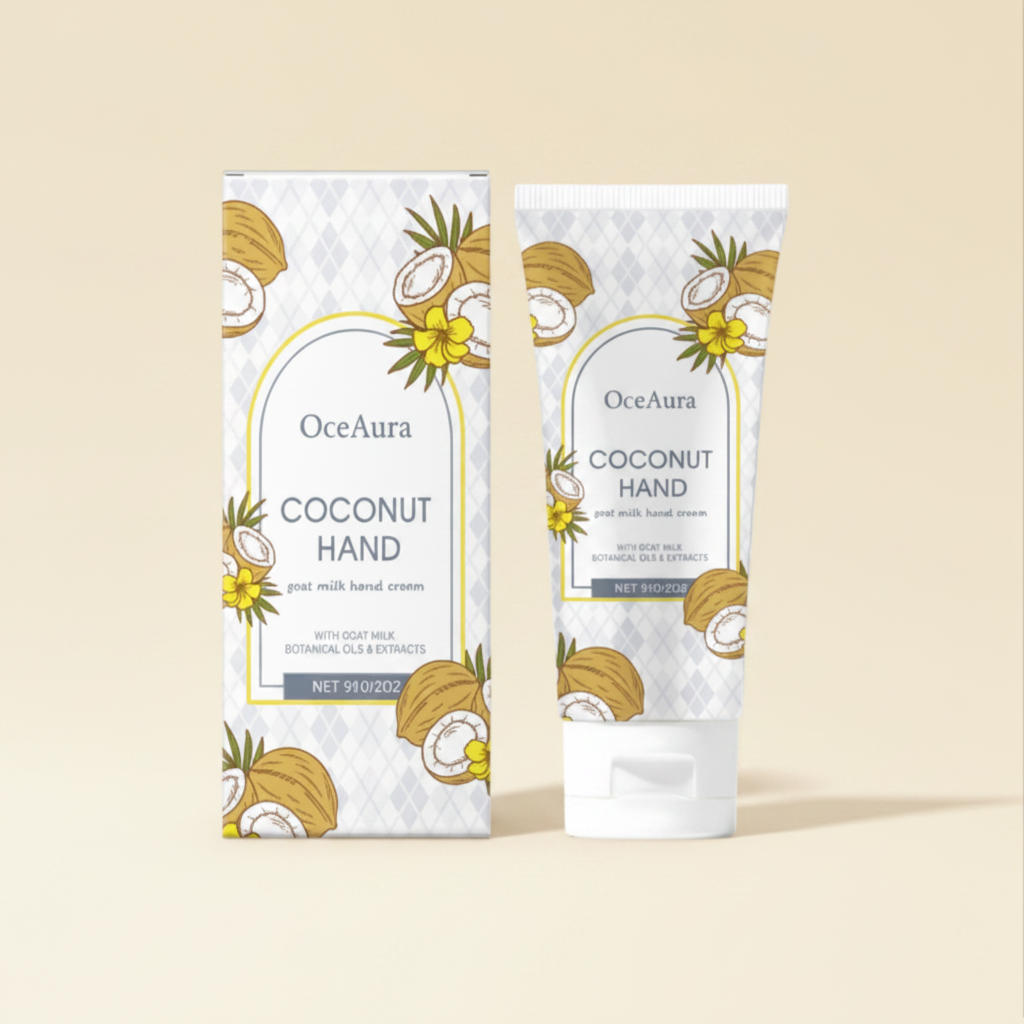 OceAura coconut hand cream tube and box clean cream background