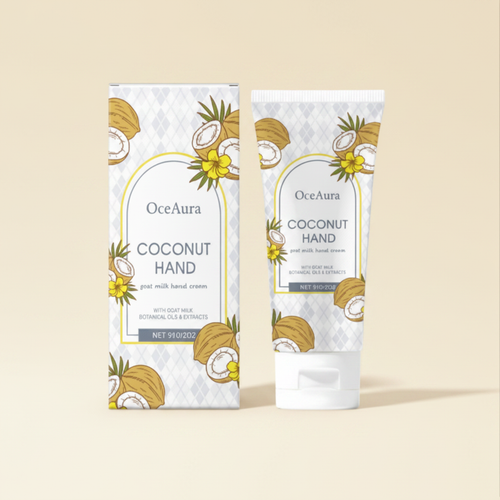 OceAura coconut hand cream tube and box clean cream background