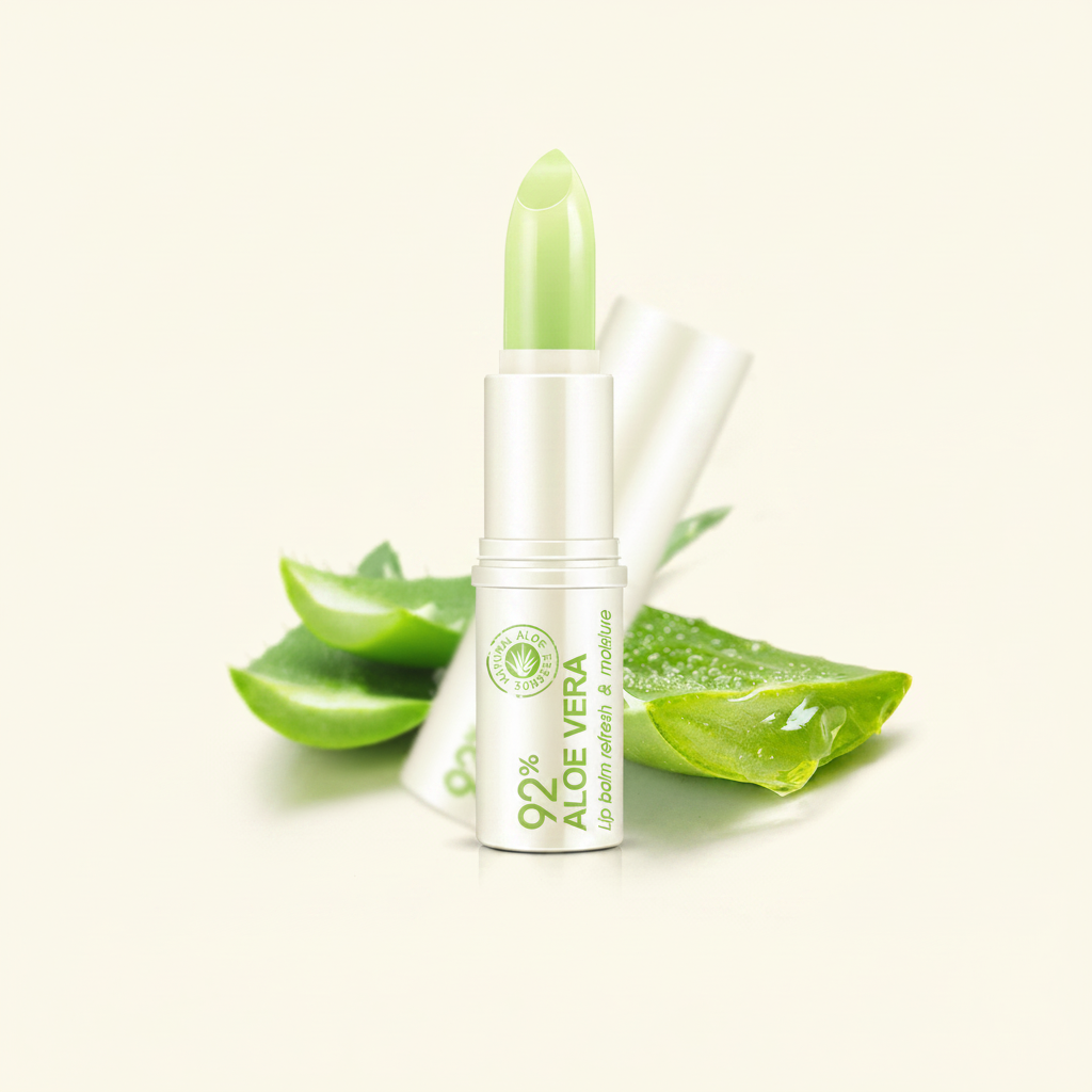 92% aloe vera lip balm silver tube with aloe leaves cream background