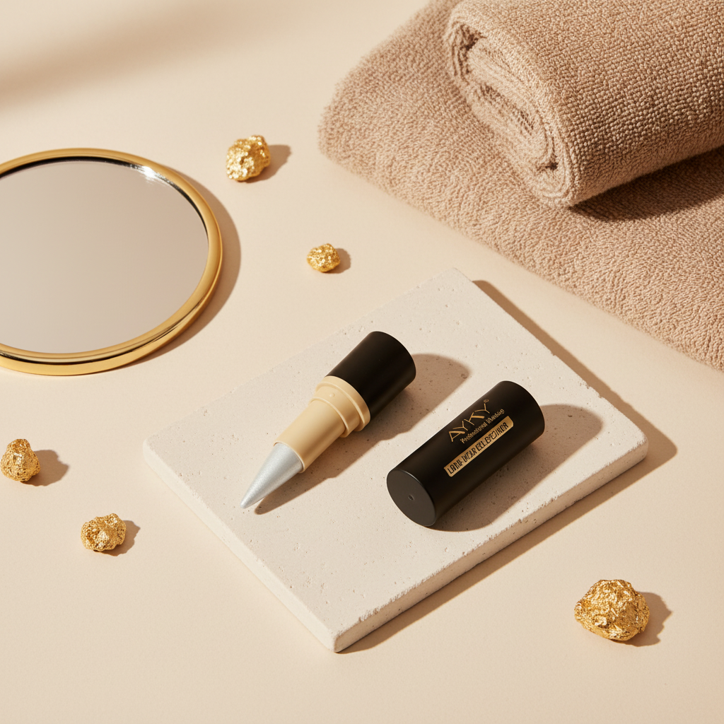 White pearl gel eyeliner flat lay cream stone beige towels mirror gold accents