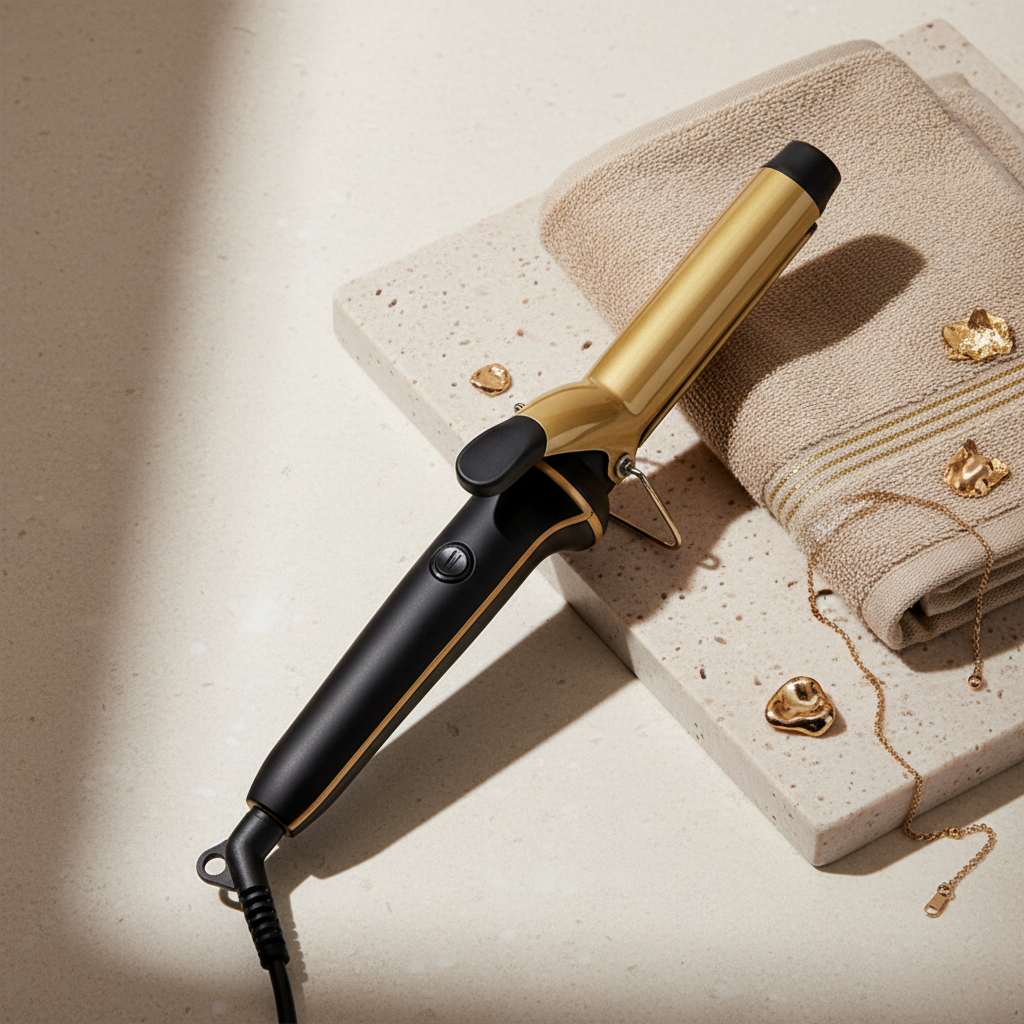 Black gold hair curling wand flat lay cream stone beige towels gold accents