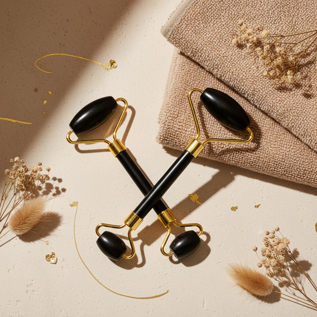Black obsidian gold jade roller flat lay cream stone beige towels dried flowers gold accents