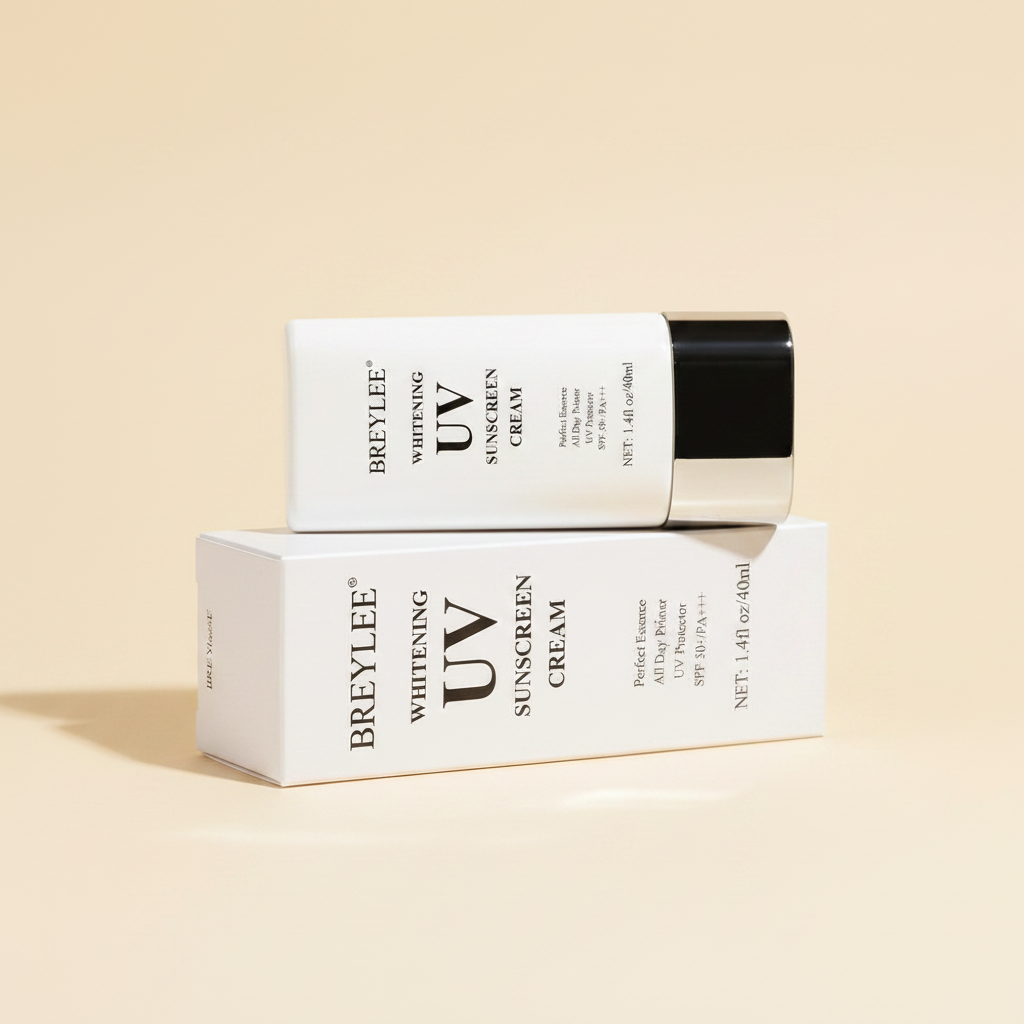 Breylee UV sunscreen tube laying on box