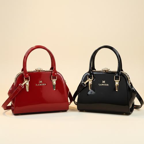 LAMSED patent leather shell handbag red and black both colors hero cream background