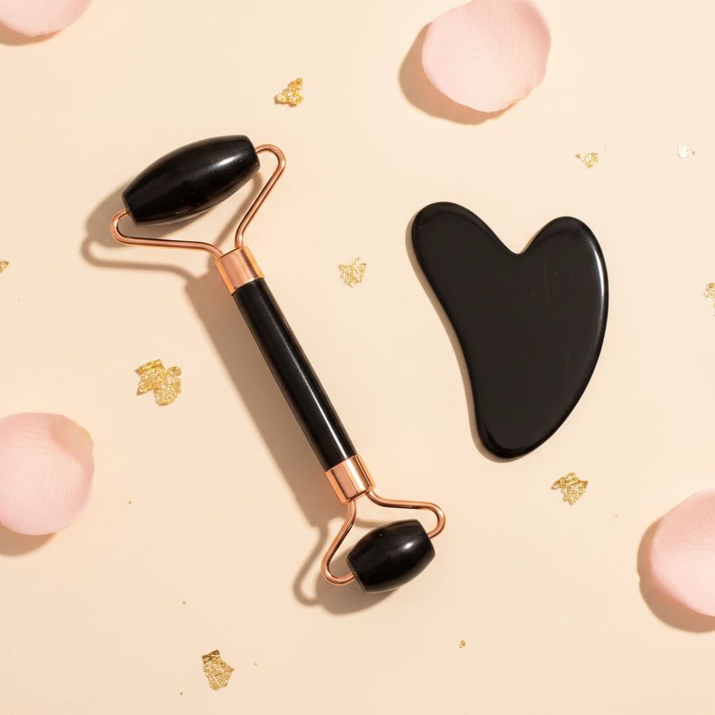 Black obsidian jade roller and gua sha set with rose petals and gold accents