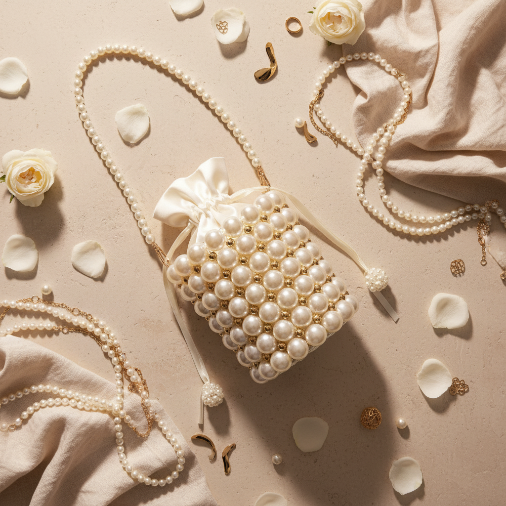 Ivory pearl and gold bucket bag flat lay white roses pearls ivory linen gold accents