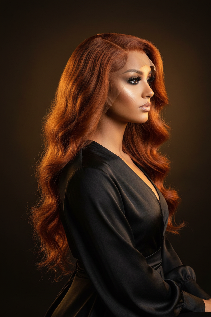 13x4 Lace Front Ginger Body Wave Wig – Model Dark Background