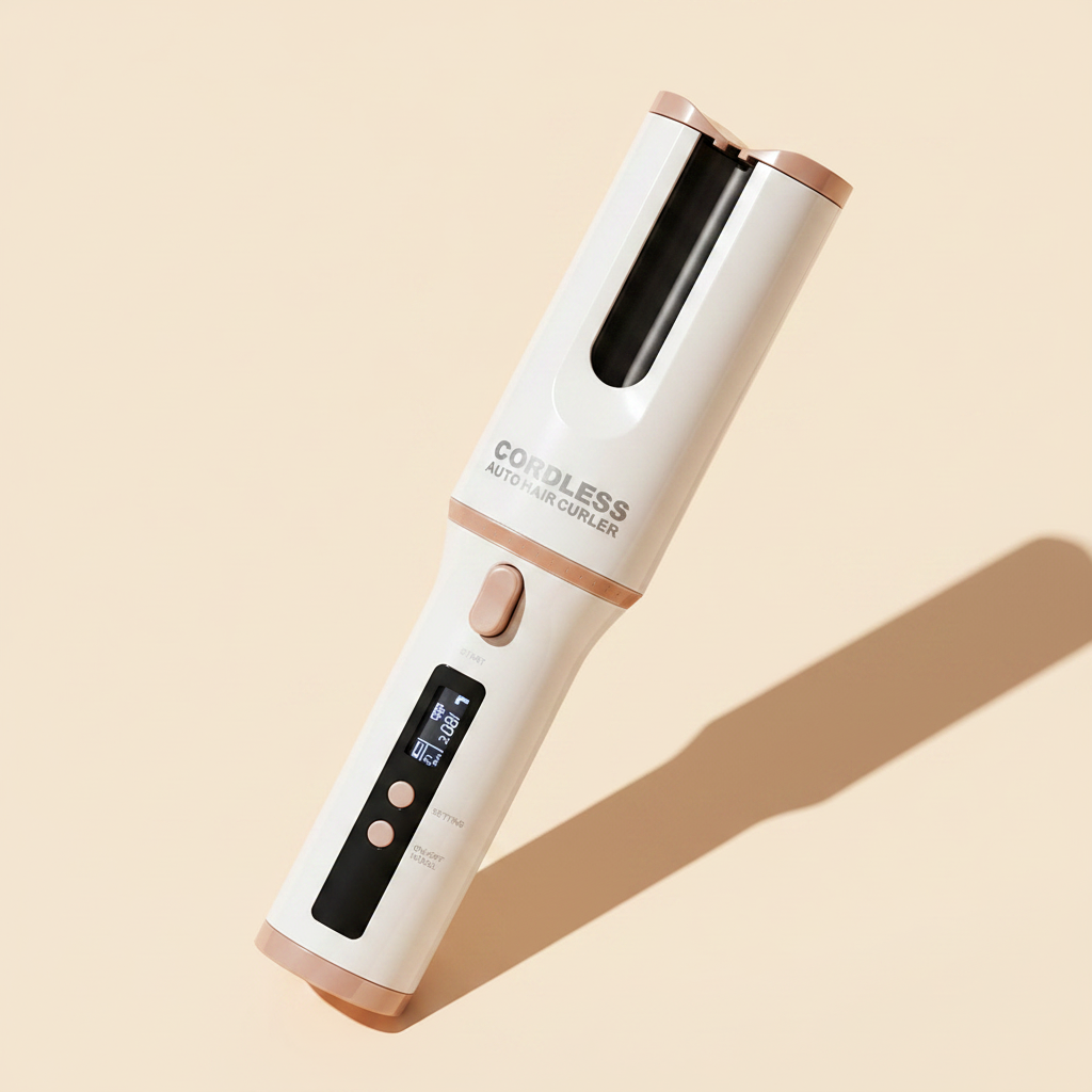 White cordless auto hair curler 45 degree angle view