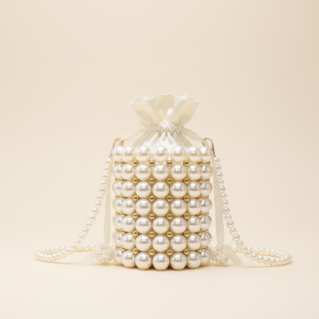 Ivory pearl and gold bucket bag cinematic Vogue accessories campaign