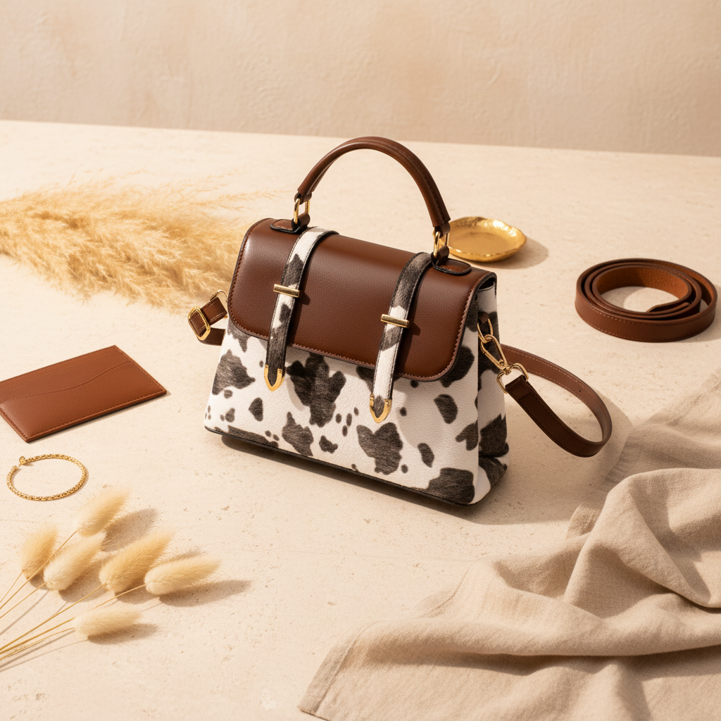 Cow print mini satchel flat lay pampas grass linen gold accents