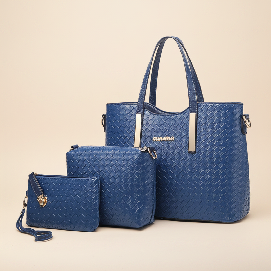 3-piece woven leather handbag set dark navy blue cream background