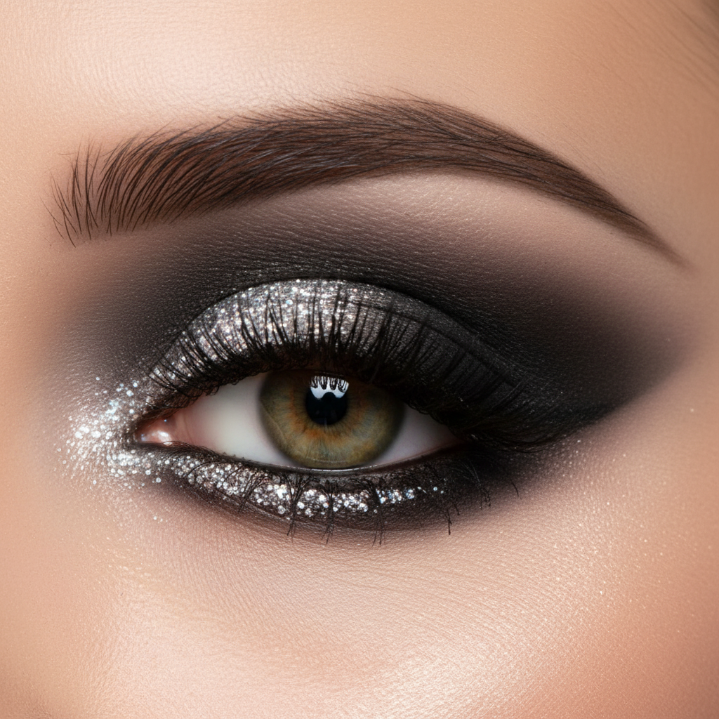 Dramatic smoky eye with white pearl gel eyeliner inner corner close-up