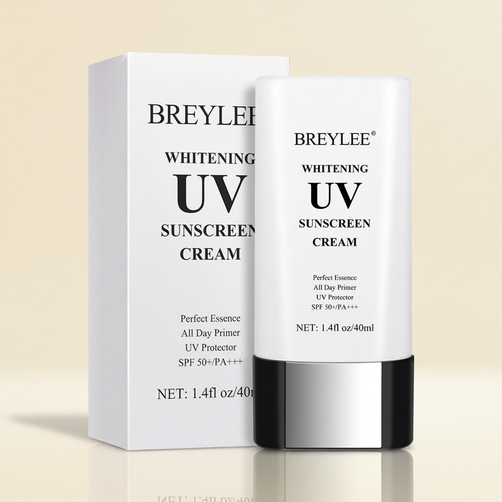 Breylee UV sunscreen tube and box clean cream background