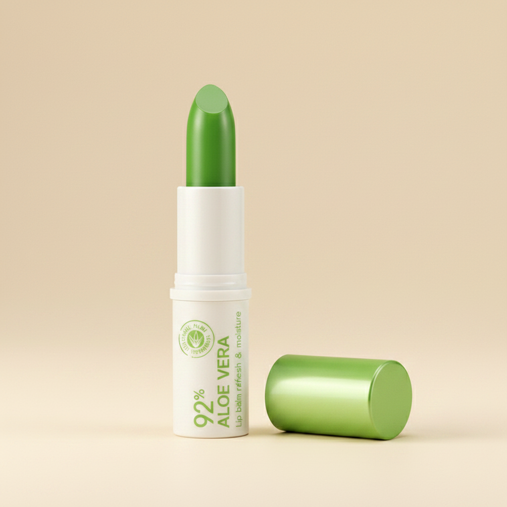 92% aloe vera lip balm white tube green cap side angle view