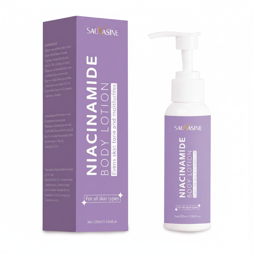 SAUMASINE Niacinamide Body Lotion 100ml pump bottle with lavender purple box