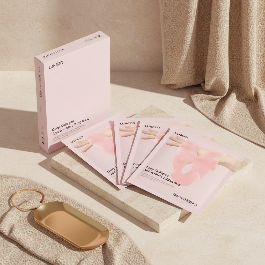 Collagen face mask flat lay cream stone beige towels gold accents