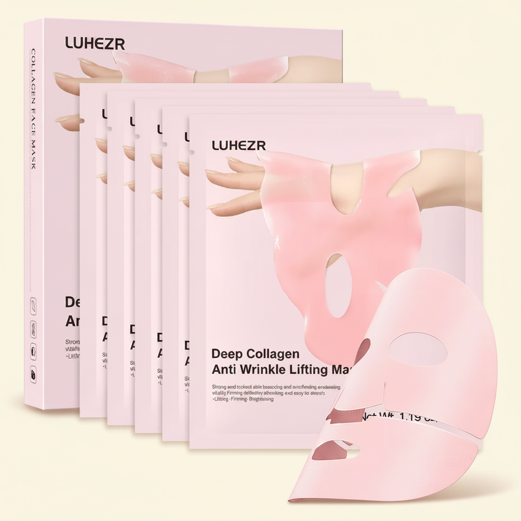 Collagen face mask packets and box clean cream background
