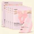 Collagen face mask packets and box clean cream background