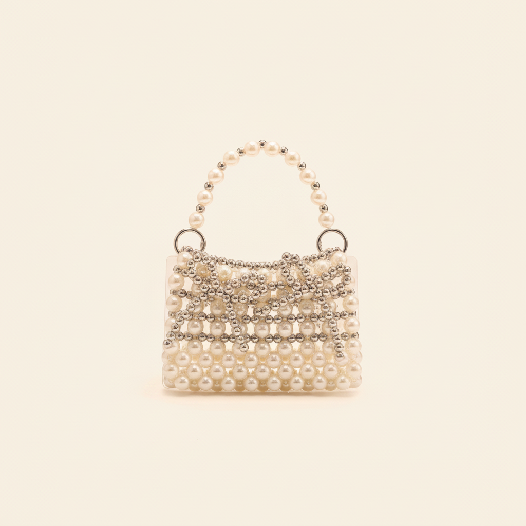 Pearl and silver beaded mini handbag clean hero cream background