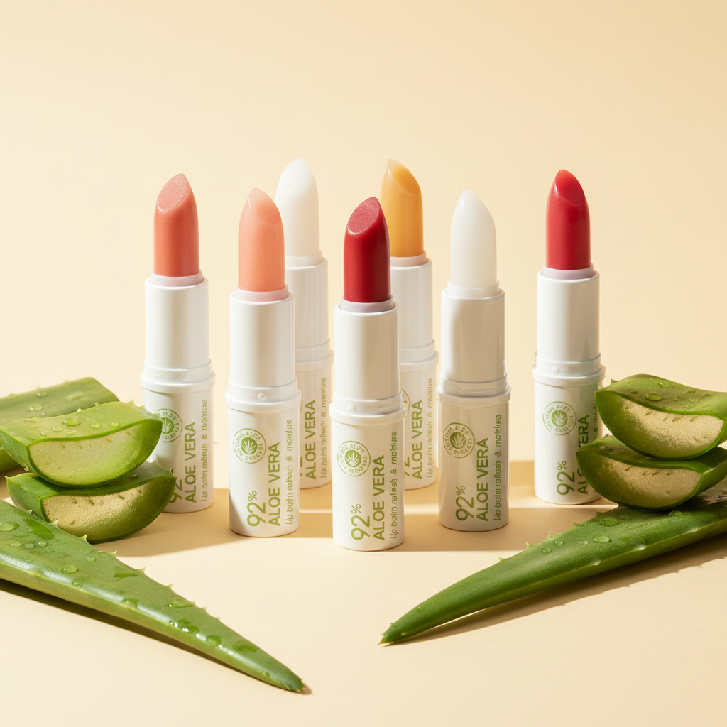 Multiple aloe vera lip balm variants arranged together cream background