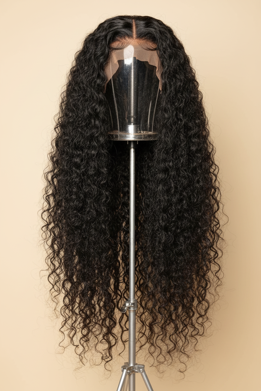 Jet black deep wave lace front wig on stand showing lace cap