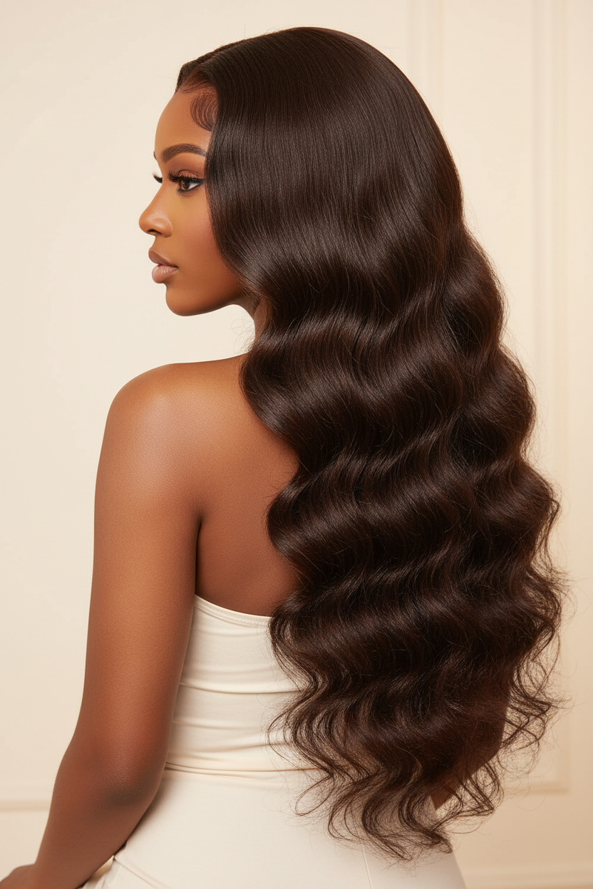 Woman wearing chocolate brown body wave wig side and back view