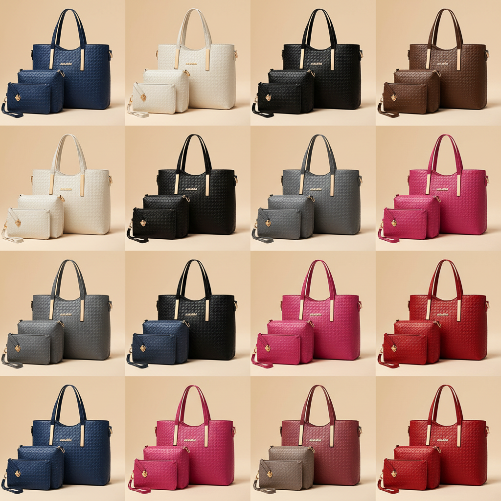 3-piece woven leather handbag set all 6 colors grid lineup