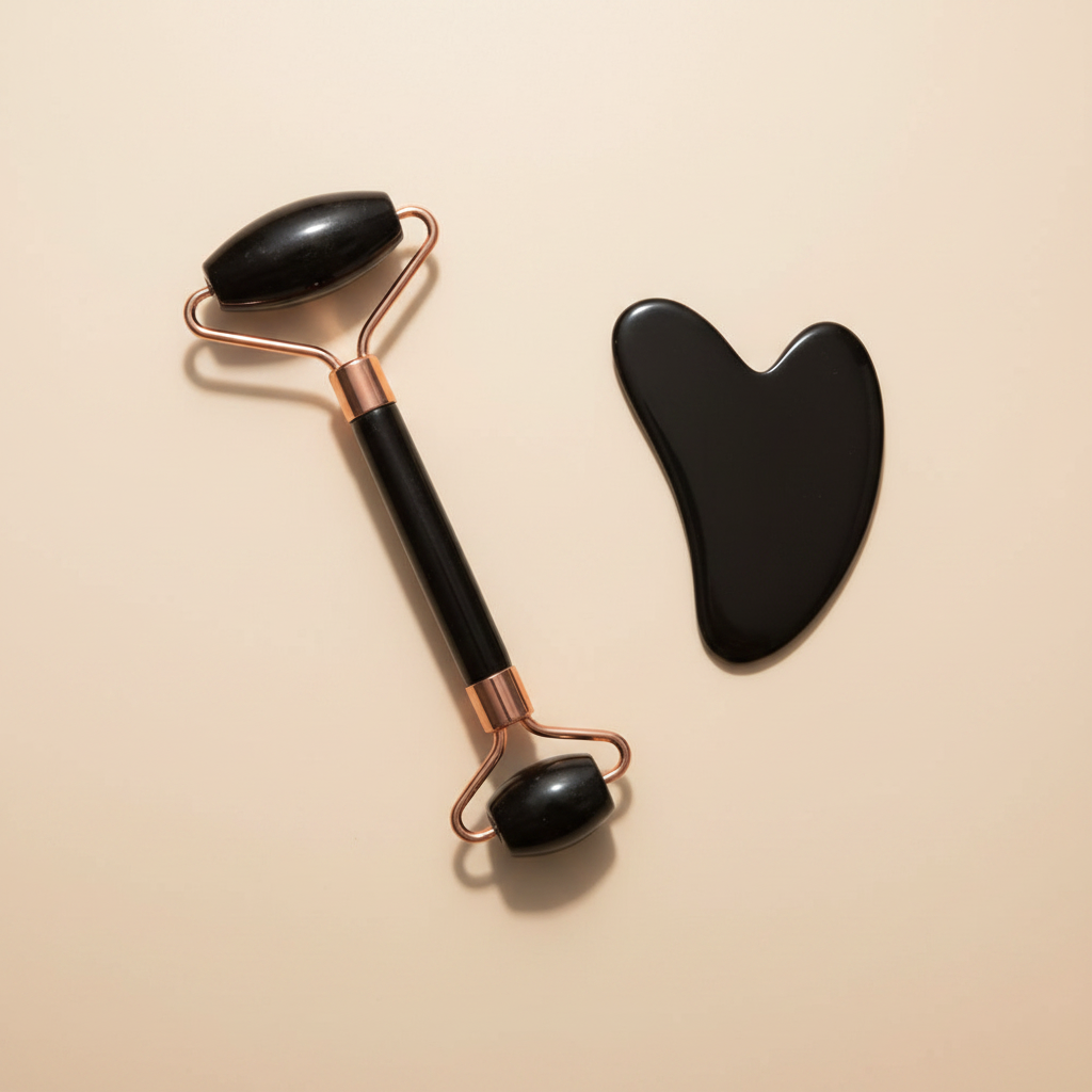 Black obsidian jade roller and gua sha cinematic Vogue spa campaign