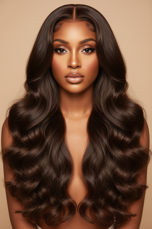 Chocolate brown body wave wig cinematic Vogue campaign